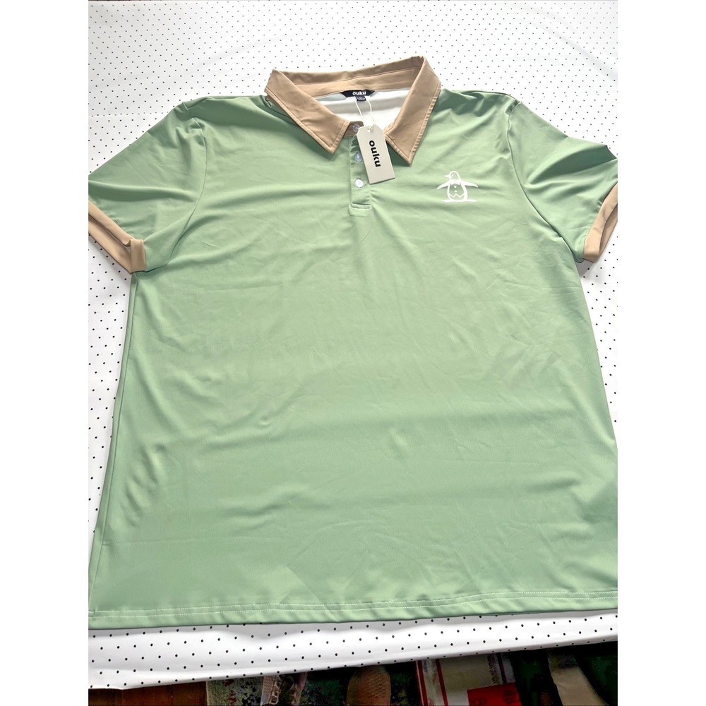 Ouku Ringer Golf Polo Shirt XL Sage Green Tan Collar Retro Penguin NWT